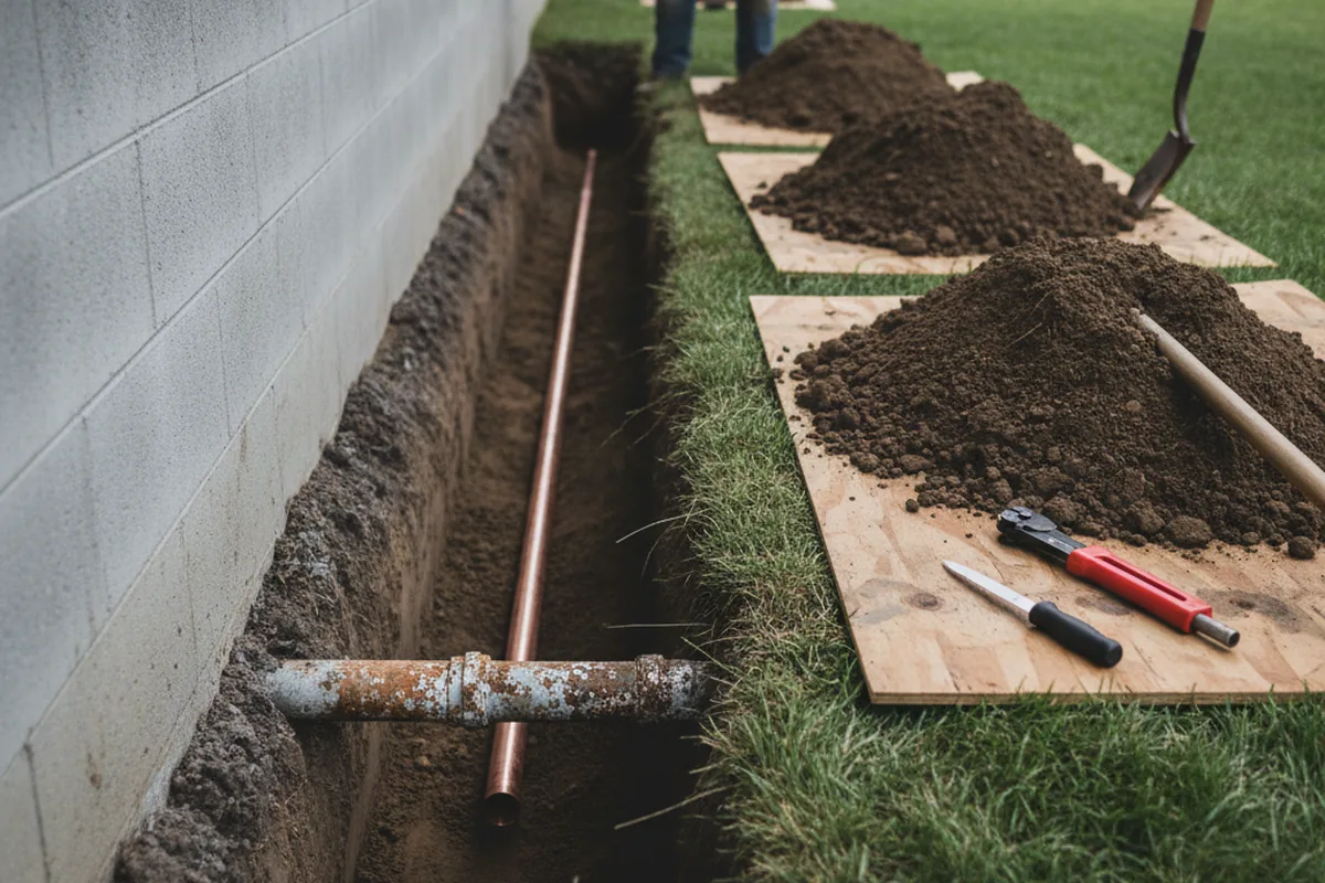 Excavated water line trench during Water Softener Installation in Chelsea